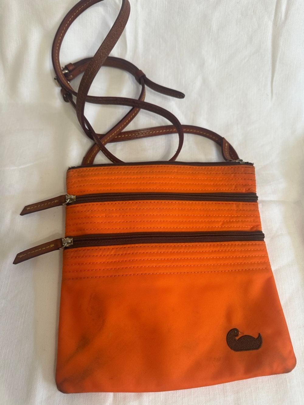 Dooney & Bourke Orange Crossbody with Brown Leather Logo Patch